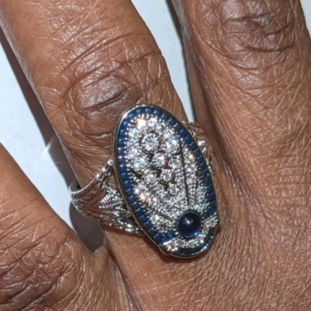 Art Deco Style Lab Created diamond Sapphire Wedding 14k White Gold Plated Sz 10 - Picture 2 of 15